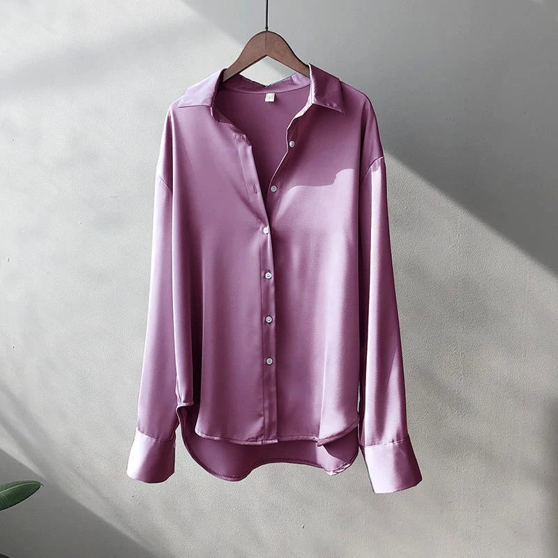 Camisa Feminina Seda Brilhante Manga Longa Casual Elegante