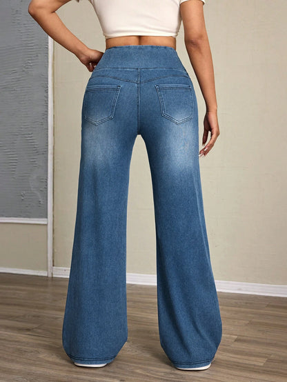 Calça Jeans Flare Cintura Alta Feminina Tummy Control em Denim Stretch