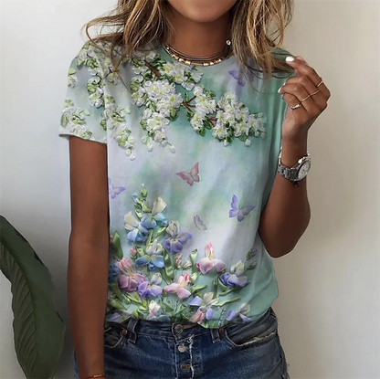 Camiseta Feminina Floral Oversized Verão Casual