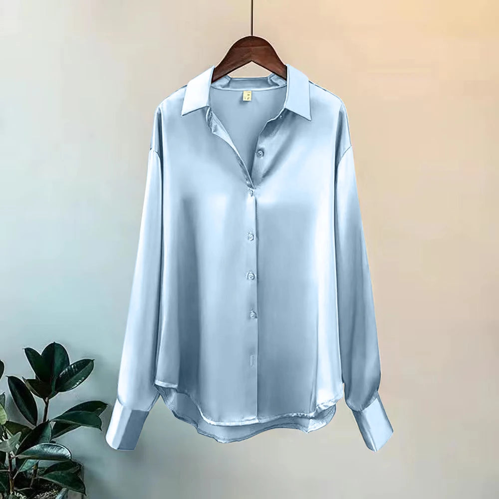 Camisa Feminina Seda Brilhante Manga Longa Casual Elegante