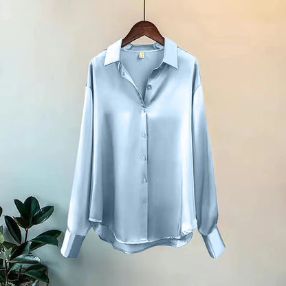 Camisa Feminina Seda Brilhante Manga Longa Casual Elegante