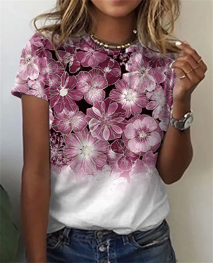 Camiseta Feminina Floral Oversized Verão Casual
