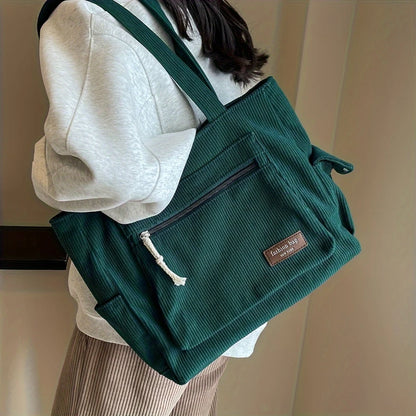Bolsa Tote Cotelê Grande com Múltiplos Bolsos