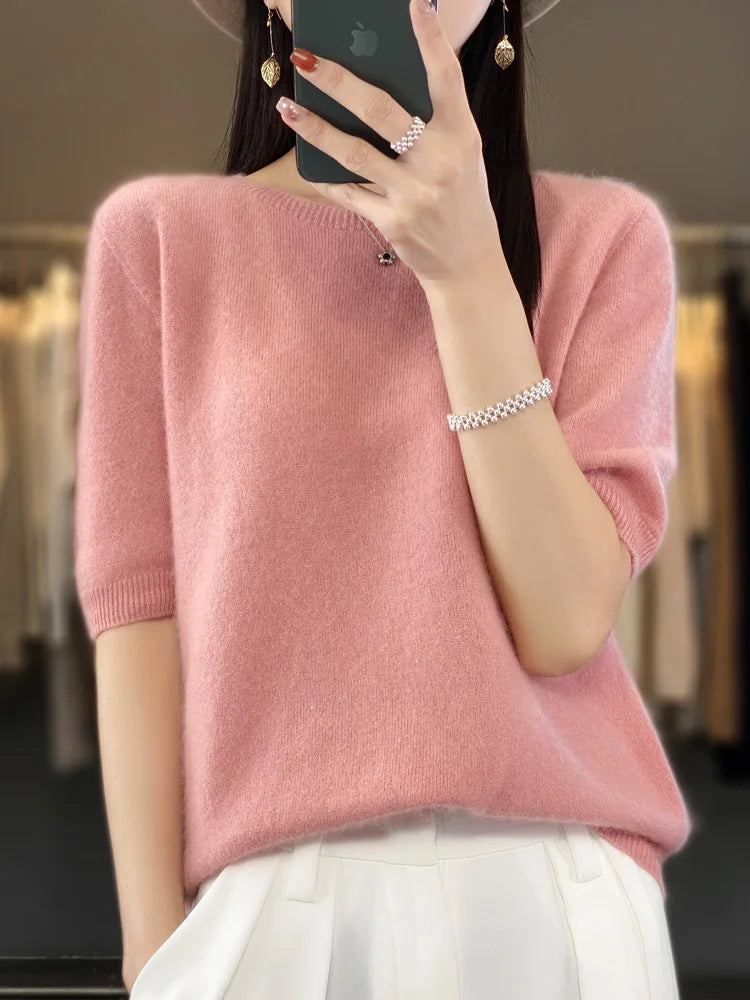 Blusa Feminina 100% Lã Merino Manga Curta Gola Redonda