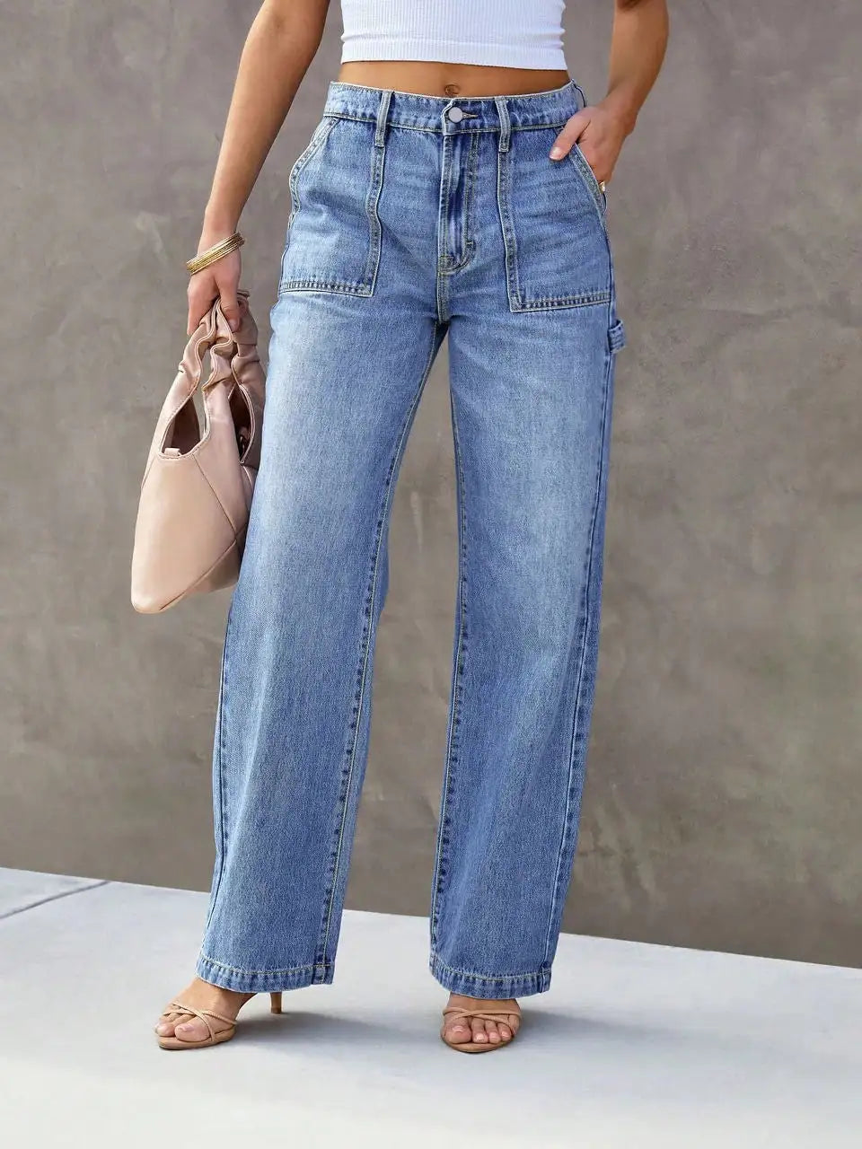 Calça Jeans Wide Leg Feminina Azul Claro Cintura Média