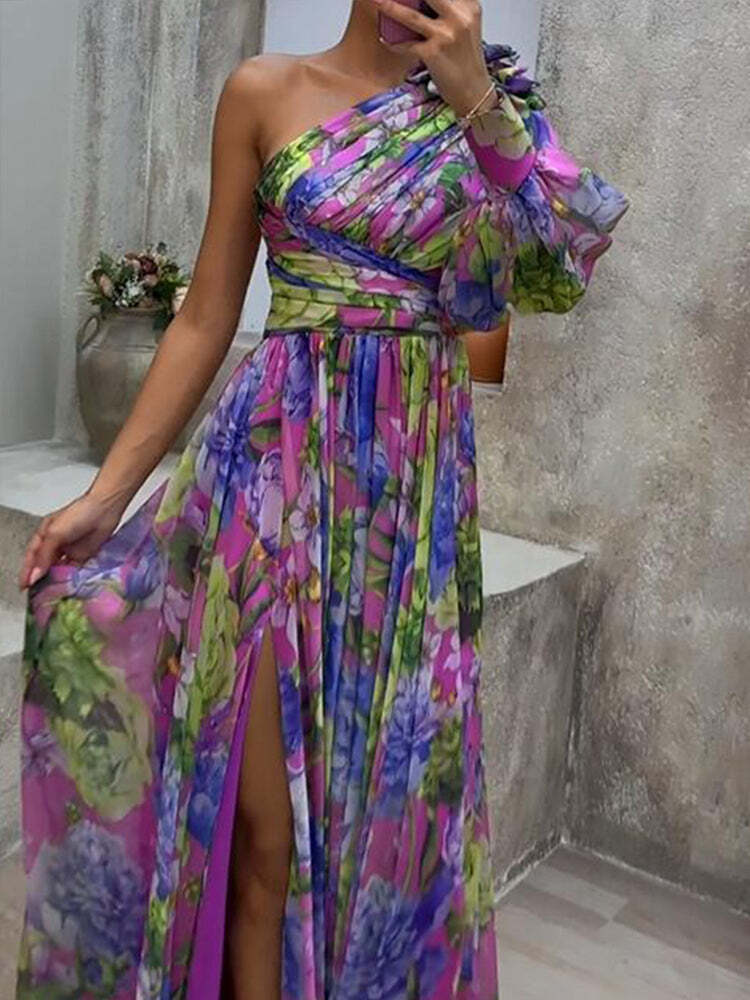 Vestido Longo Estampado de Um Ombro Só com Fenda Lateral – Elegância e Movimento