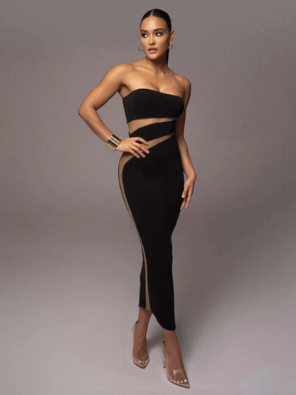 Vestido Midi Tomara que Caia com Recortes Assimétricos e Transparência – Modernidade e Sensualidade na Medida Certa