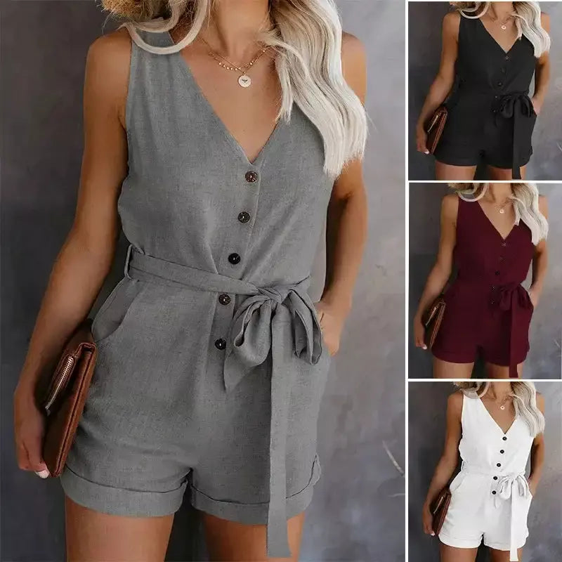 Macaquinho Feminino Cinza Sem Manga com Botões e Cinto Faixa – Conforto e Estilo Casual-Chic