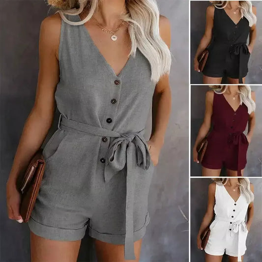 Macaquinho Feminino Cinza Sem Manga com Botões e Cinto Faixa – Conforto e Estilo Casual-Chic