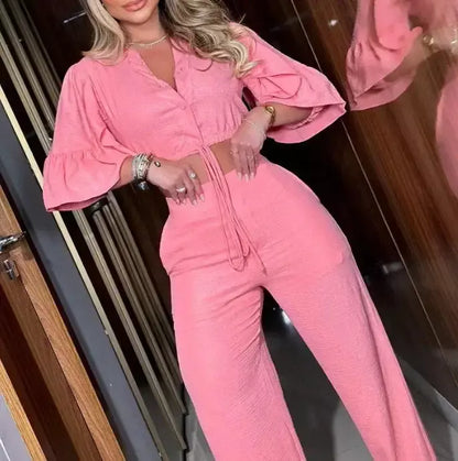 Conjunto Feminino Rosa Cropped e Calça Pantalona – Elegância e Conforto