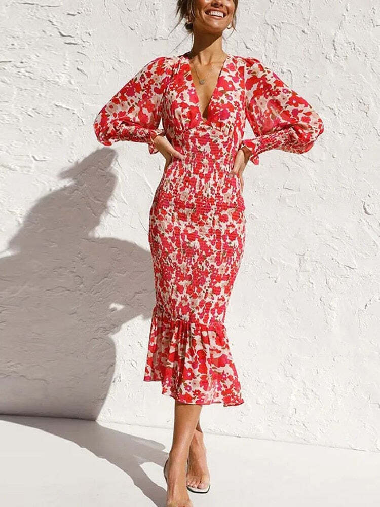 Vestido Midi Floral com Manga Longa Bufante e Babado na Barra – Feminilidade e Charme