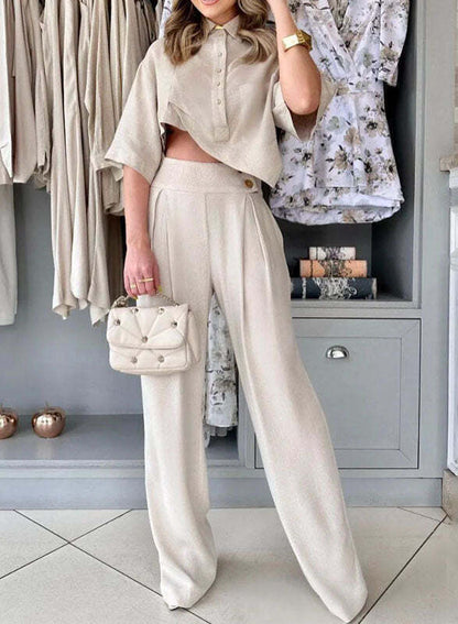 Conjunto Feminino Alfaiataria com Camisa Cropped e Calça Pantalona – Estilo e Sofisticação