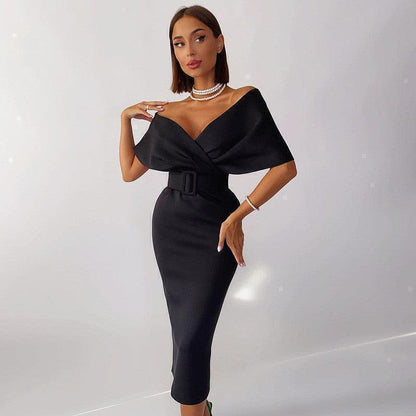 Vestido Midi Vermelho Ombro a Ombro com Cinto – Sofisticação e Charme Atemporal