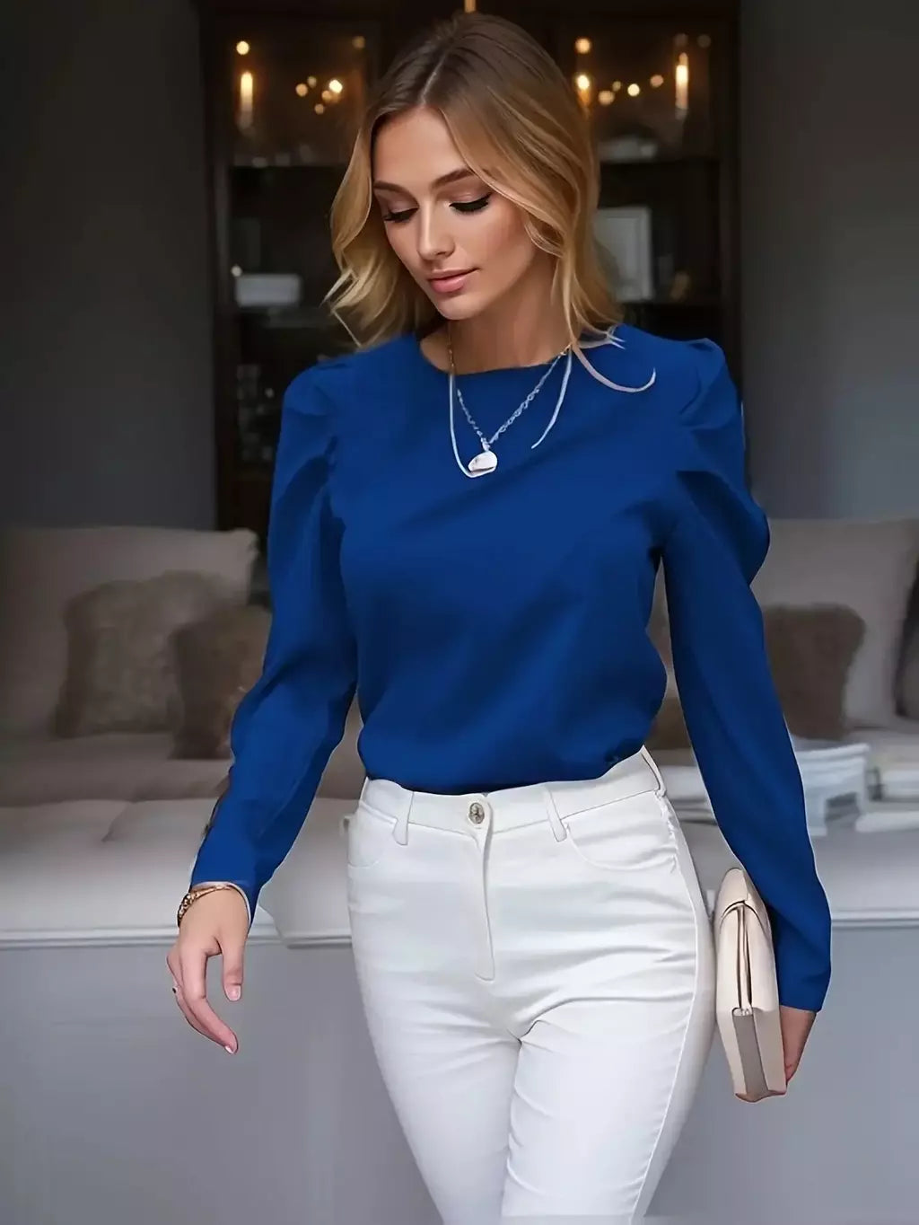Blusa Casual Elegante – Mangas Franzidas Azul Sofisticação e Conforto