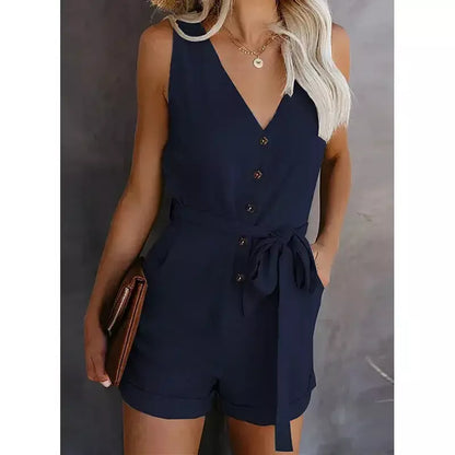 Macaquinho Feminino Cinza Sem Manga com Botões e Cinto Faixa – Conforto e Estilo Casual-Chic