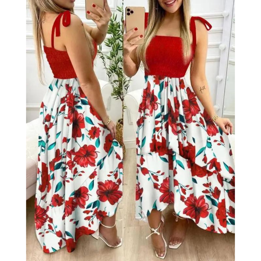 Vestido Longo com Alças Laço e Estampa Floral – Conforto e Charme para Todas as Ocasiões