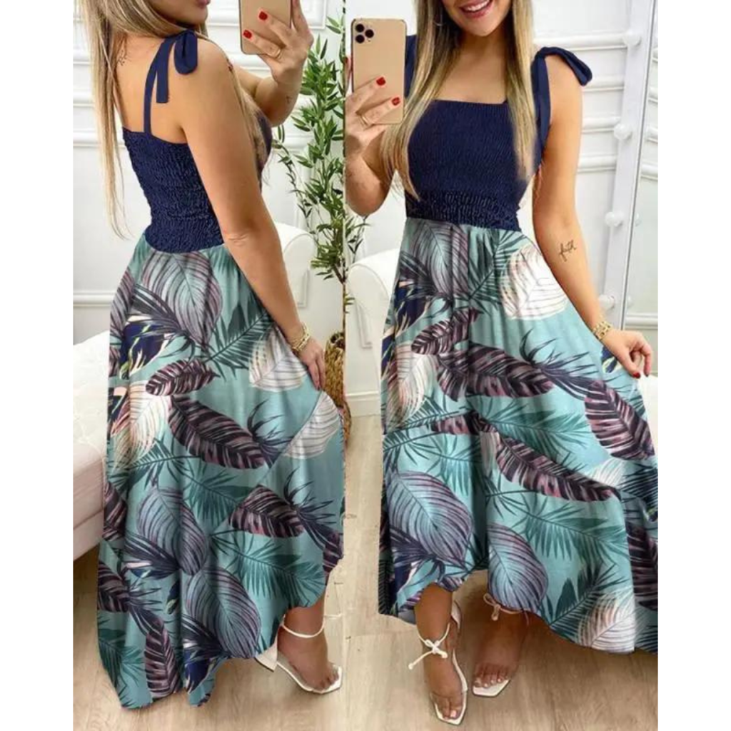 Vestido Longo com Alças Laço e Estampa Floral – Conforto e Charme para Todas as Ocasiões