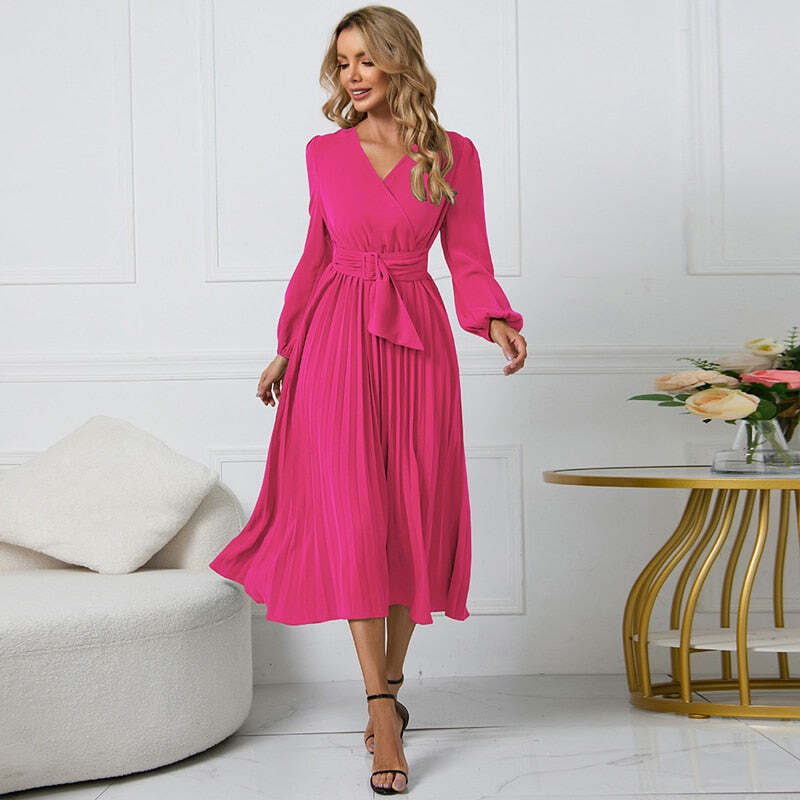 Vestido Midi Plissado com Manga Longa e Cinto Faixa – Elegância Atemporal para Todas as Ocasiões