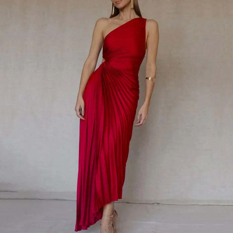 Vestido Longo Assimétrico Plissado de Um Ombro Só – Sofisticação Escultural