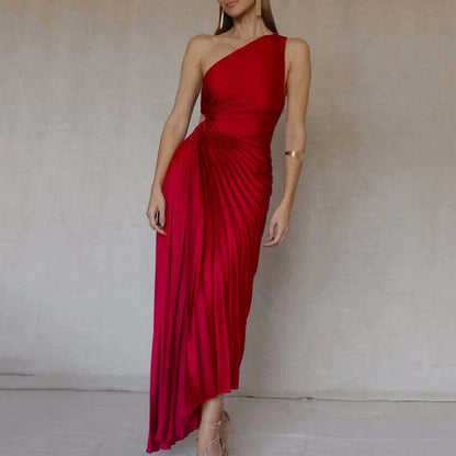 Vestido Longo Assimétrico Plissado de Um Ombro Só – Sofisticação Escultural