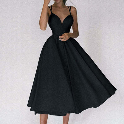 Vestido Longo de Alças Finas com Decote Profundo e Saia Rodada – Elegância e Sofisticação para Momentos Únicos